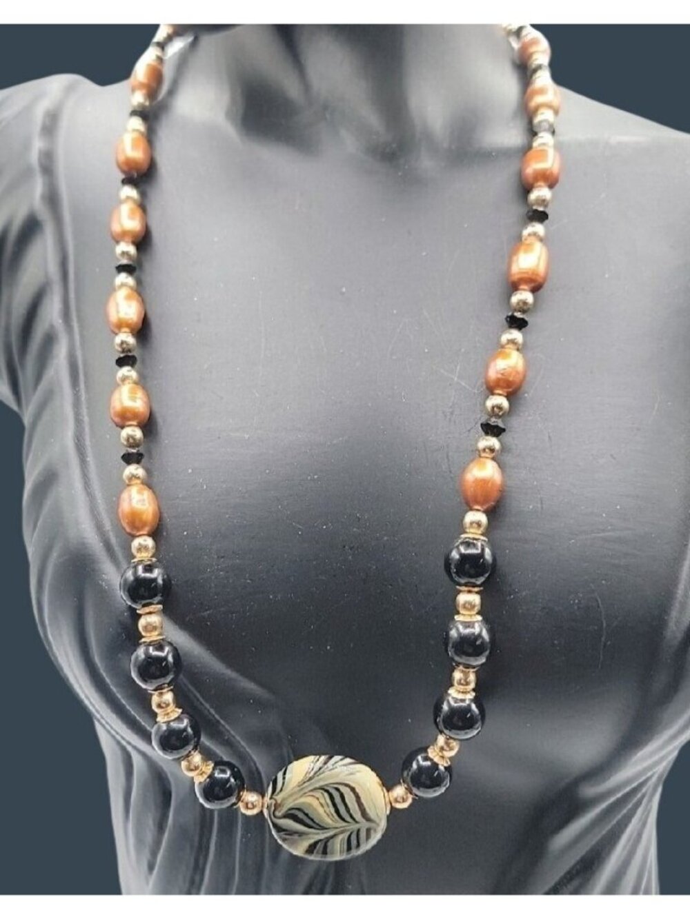 Tiger Eye Choker Necklace Orange Pearl Onyx Lampwork Bead Necklace 18"